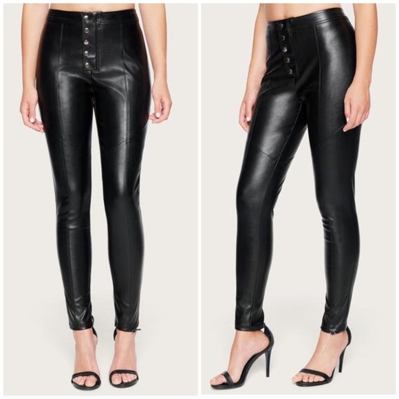 Bebe Black Leather Button Front Seamed Leggings - Picture 1 of 11